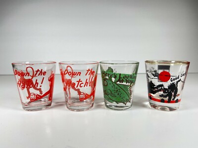 4 VTG Bar Retro Shot Glass Lot Good Luck Down The Hatch, Here s Looking At You!