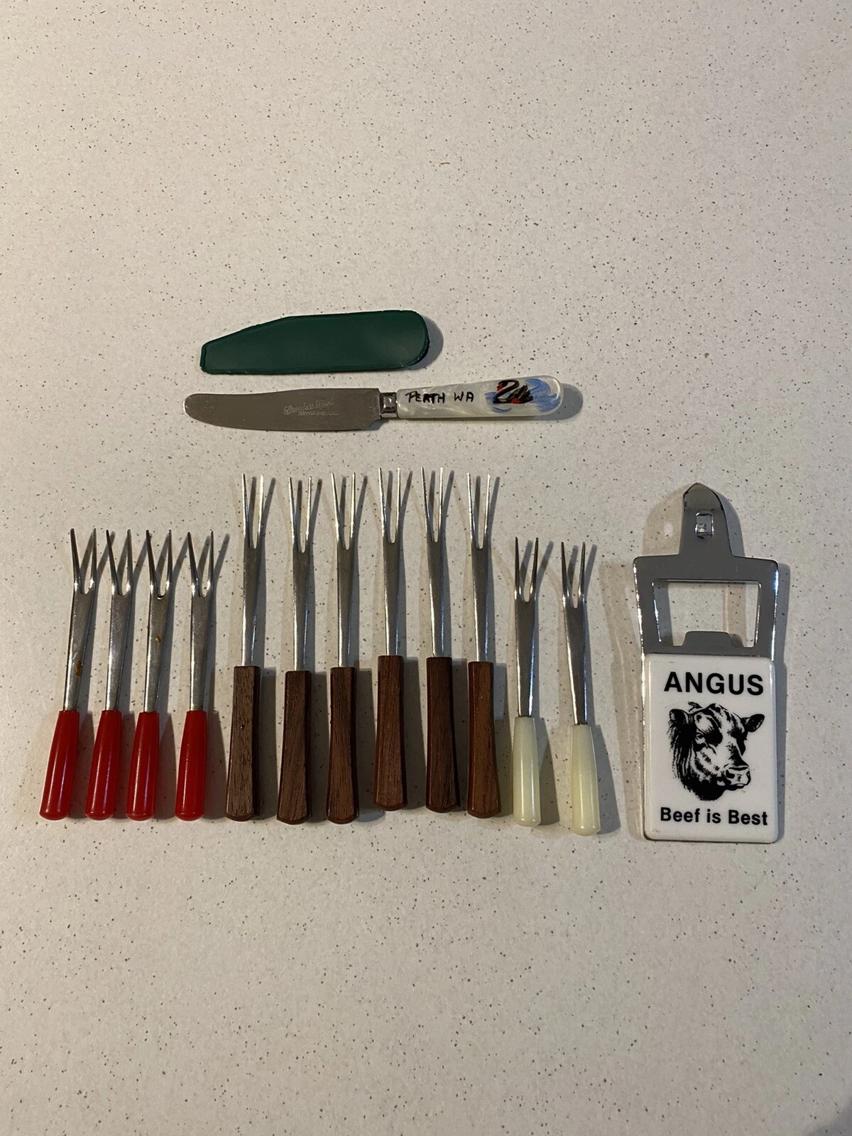 Vintage Stainless Fondue Forks, Small Sheffield Knife & Angus Cow Bottle Opener