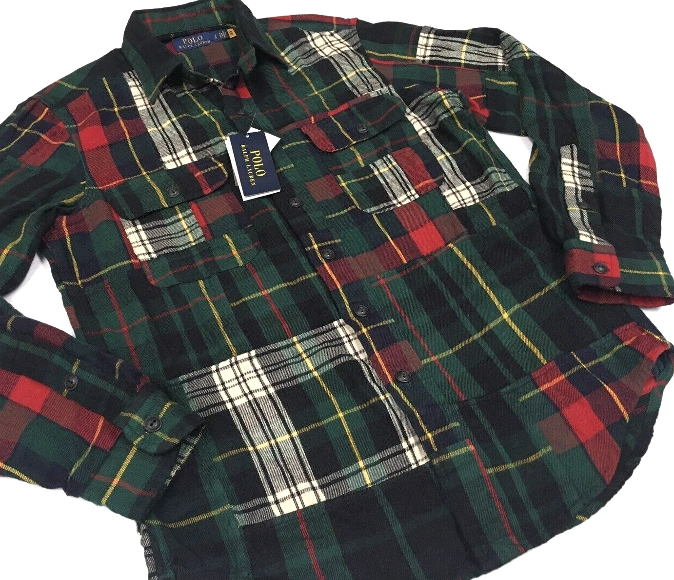 Polo Ralph Lauren VTG Retro Patchwork Brushed Flannel Plaid Checks Work Shirt