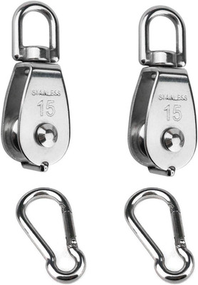 2PCS Stainless Steel Single Pulley Block M15 with Spring Snap Hooks