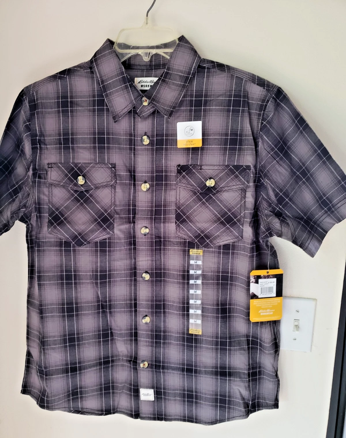 Eddie Bauer Workwear Foreman Fit Mens Shirt S grey Plaid Camp Hiking Western NWT