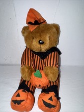 Halloween Teddy Bear In Striped Pajamas 13" Plush Holding Pumpkin Bat Hat Used