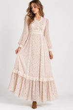 Vintage 70s Prairie Maxi Dress 11/12 Pink Floral Lace Cottagecore Victorian Boho