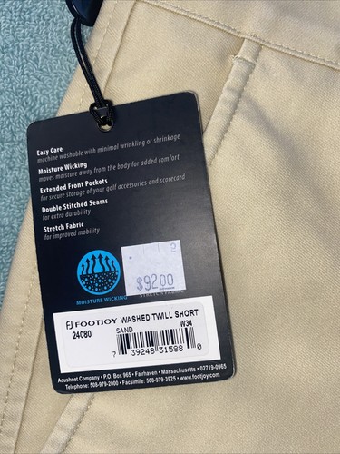 FootJoy Shorts Mens 34 Golf Performance Washed Twill Stretch Sand Color - Picture 2 of 9
