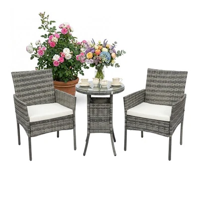Ensemble extérieur 3 pcs - 2 fauteuils rotin PE + table verre ronde, coussins - Photo 1/2