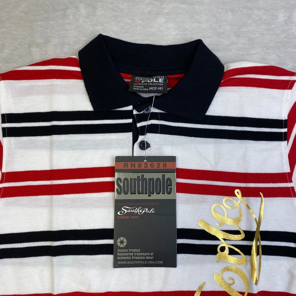 Camisa Polo Southpole Niños Niños Mediana M (12-14) Roja Blanca Negra Rayas Dorado Logo Foto 2 de 4