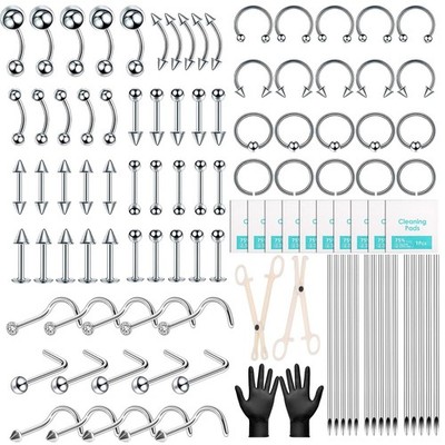 104PCS Body Septum Piercing Kit with 14G/16G/20G Needles Silver