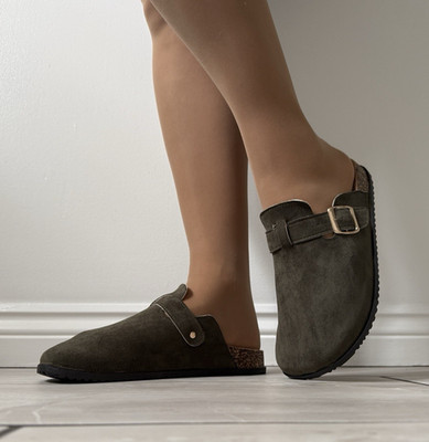 Damen Slipper Clogs khaki Schnalle verstellbares Fußbett Komfort Pantoletten Größen UK 3-8