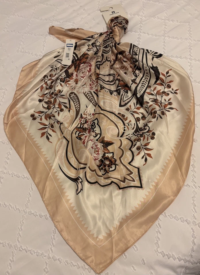 Anne Klein Head Square Scarf Kerchief Floral Chestnut Elegant NWT - Image 3 of 4