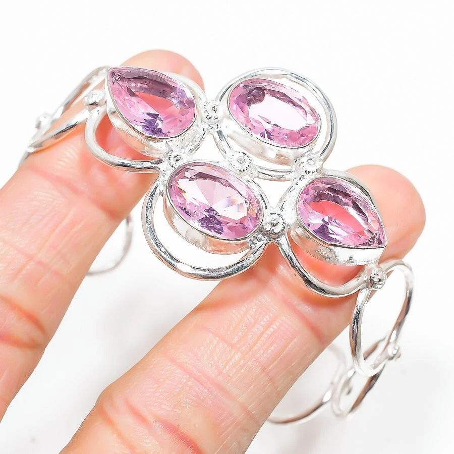 VALENTINO Pink Kunzite Gemstone Handmade 925 Sterling silver Cuff Bracelet Adjustable