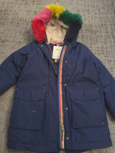 Girls Boden Waterproof Winter Coat Navy Removable Rainbow Fur Trim Size 7-8Y