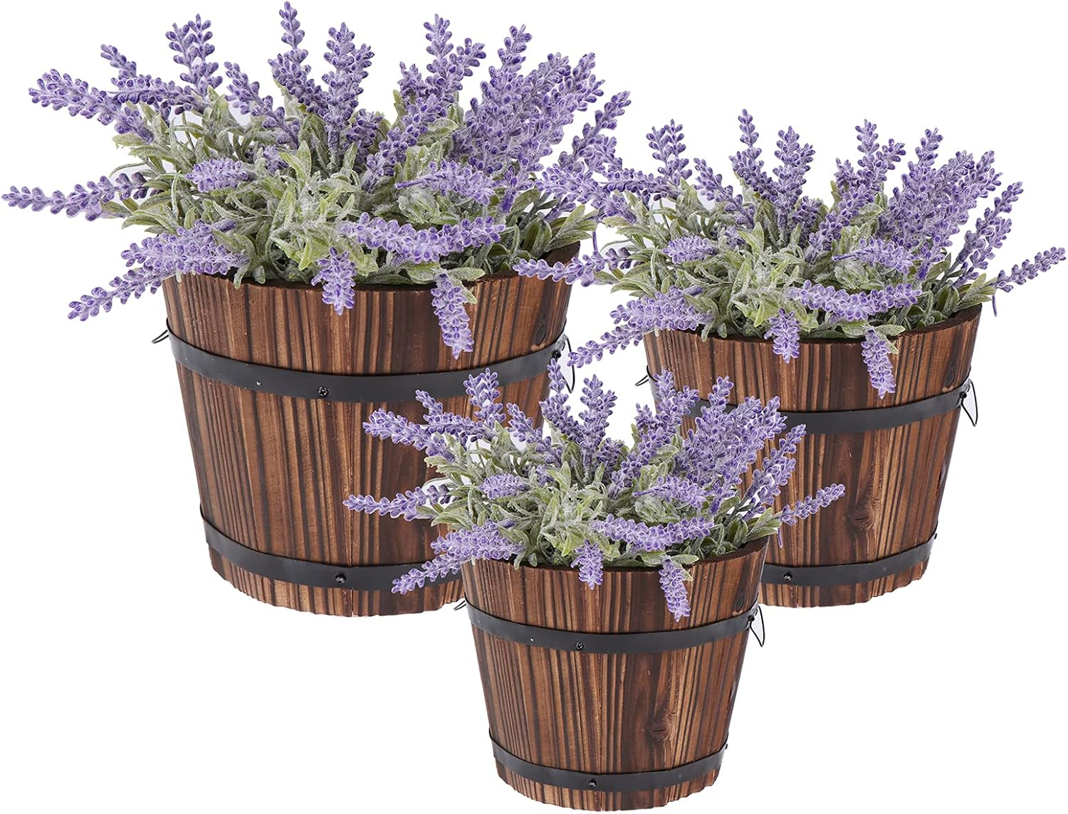 3 Pcs Rustic Wooden Barrel Planters with Succulent Pot for Indoor Outdoor Use - Burnt Wood Design