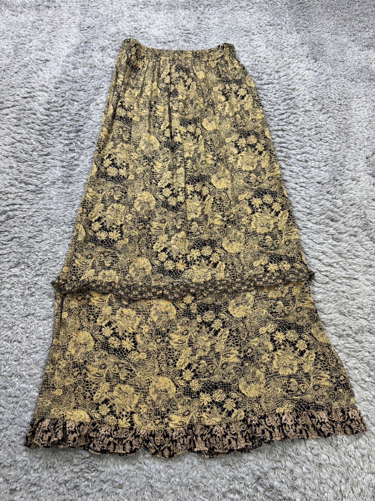 Pure West Skirt Women One Size Gold Floral Tiered Pleated Ruffle A-Line Maxi VTG