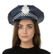 UNISEX DARK BLUE CHECKERED POLICE UK HAT CAP FANCY DRESS COSTUME ACCESSORY