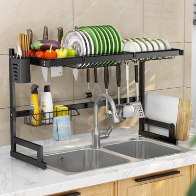 2 Tier Stainless Steel Kitchen Dish Drainer Dish Drying Rack, Black