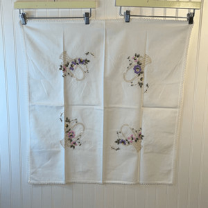 Vintage Linen 29” x 29” Table Covering Granny Embroidery Floral Cottage Core