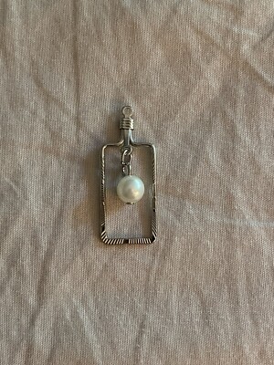 Vintage Rectangle Silver Color Pendant With Dangling White Round Accent