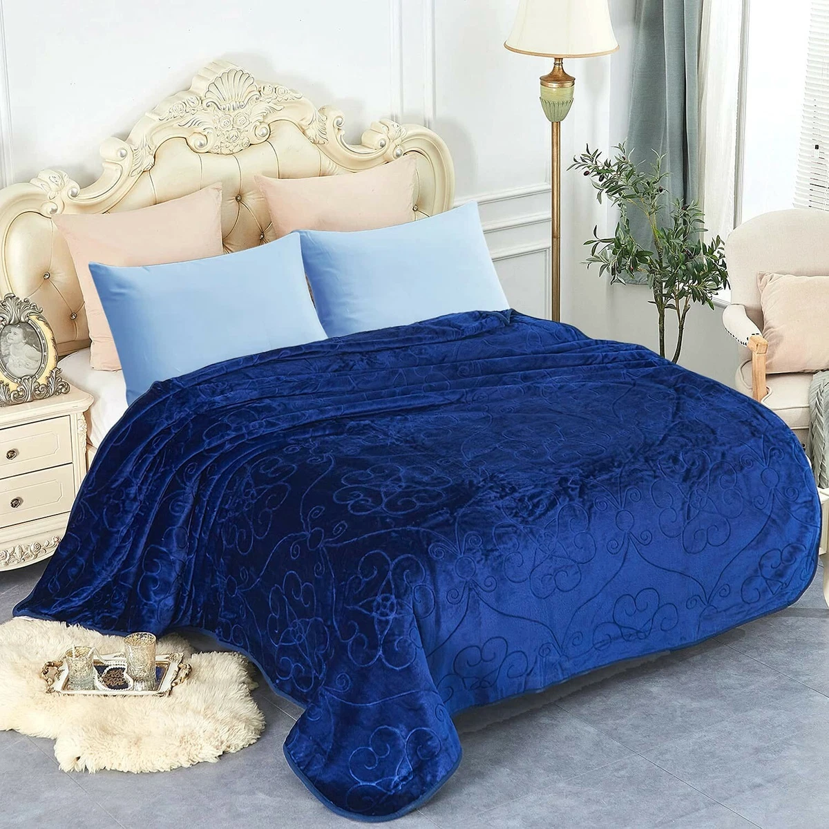 QUEEN Thermal Blanket Winter Bedding Covers Fleece Pattern Sleeping Shiny  Blue | eBay
