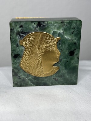 Vintage Green Granite Paperweight ~ Brass Egyptian Cleopatra Decor ~ 2'' Square