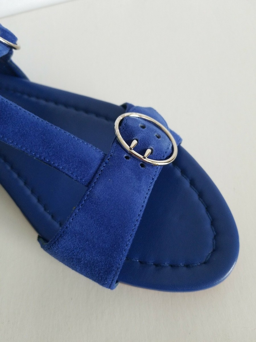 PRADA MILANO ICONIC BLUE SUEDE BUCKLE GLADIATOR FLAT SANDALS EU 38