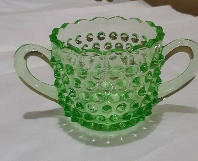 Vintage Green Glass Hobnail Sugar Bowl eBay