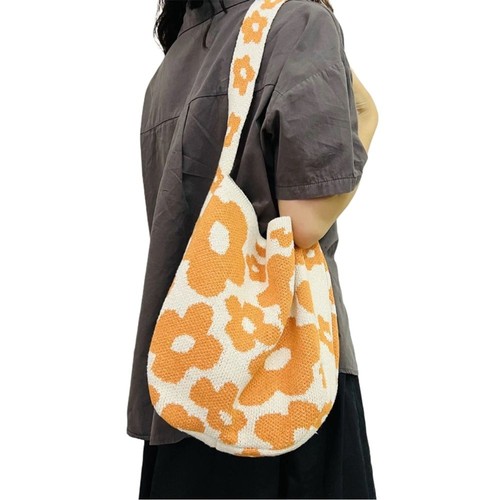 Unbranded Knitted Crochet Cream Orange Floral Dumpling Shoulder Bag