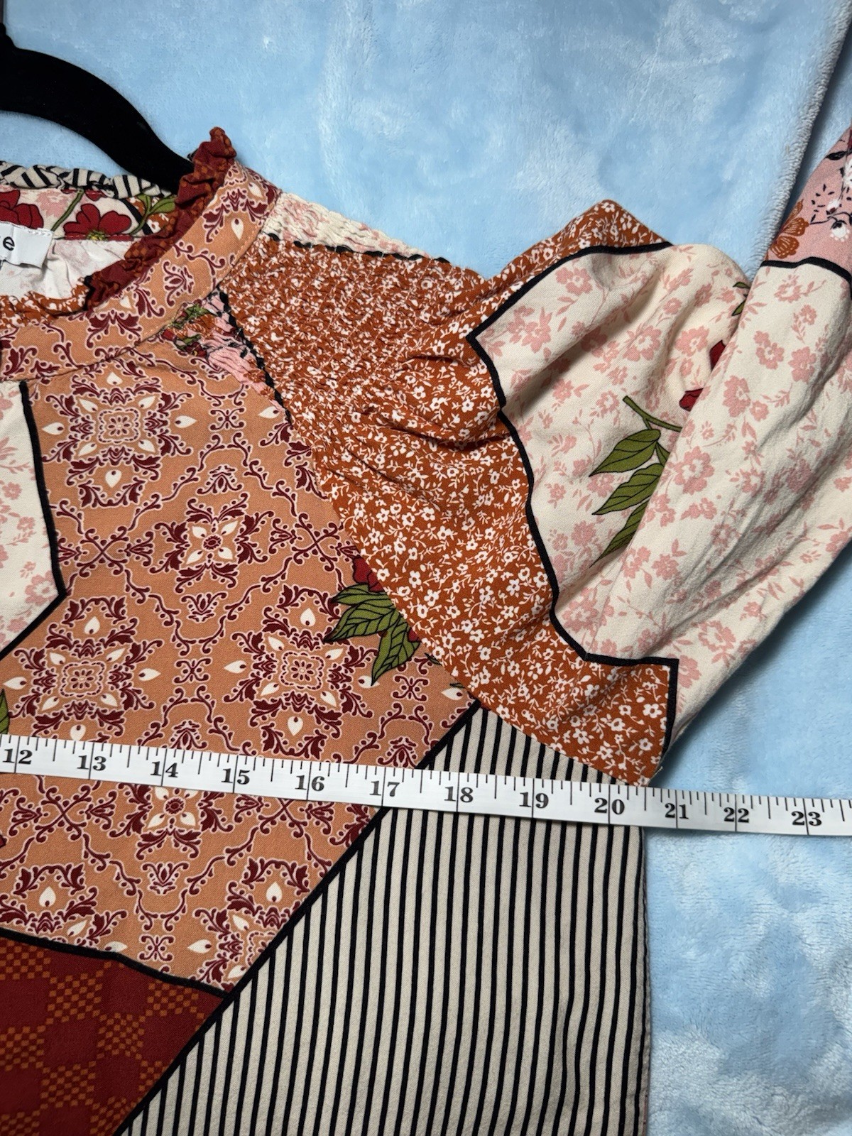 Fate Patchwork boho Mixed Print Blouse Bubble Sle… - image 3