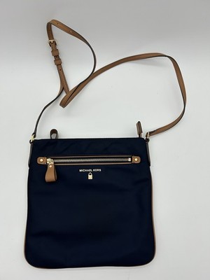 New Michael Kors Nylon Kelsey Navy with Tan Leather Trim Crossbody Bag Purse