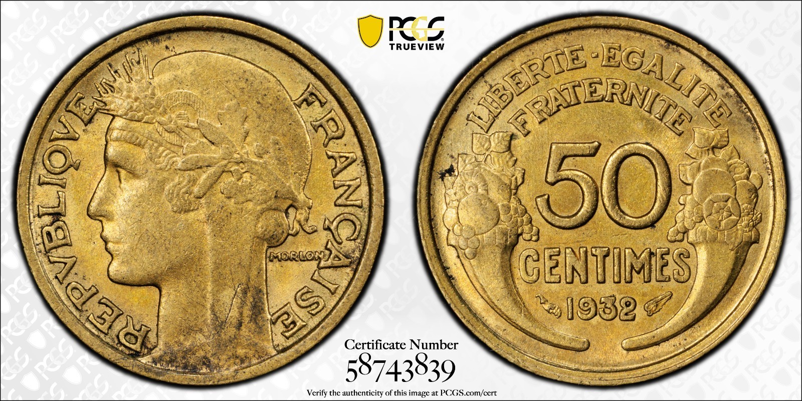 France 1932 50 Centimes 9 fermé PCGS MS 62