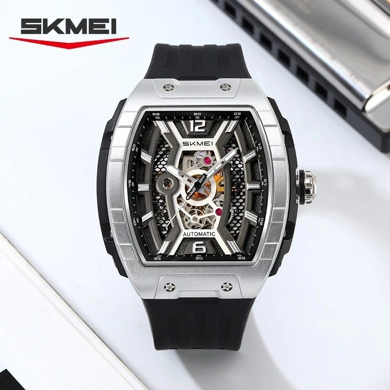 Мужские автоматические механические часы Tonneau скелетный циферблат светящиеся стрелки водонепроницаемые - Изображение 3 из 4