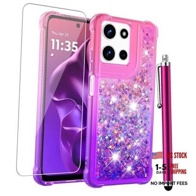 for Moto G 5G 2025 Case with Screen Protector, Women Girls Glitter Pink Purple
