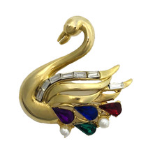 Vintage Swan Brooch Pin Clear Baguette Rhinestones Colorful Crystals Faux Pearls