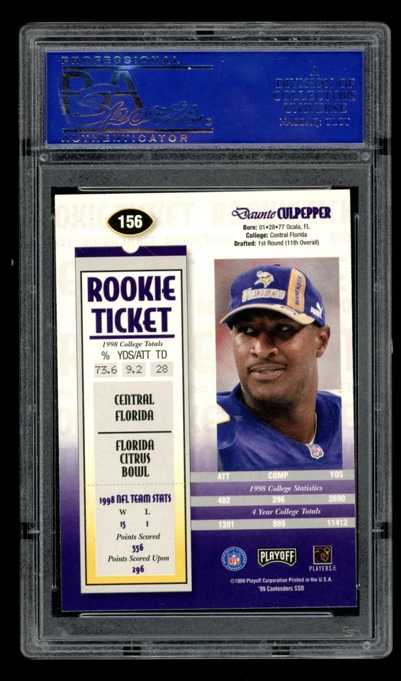 1999 Playoff Contenders SSD #156 Daunte Culpepper Rookie Ticket Auto RC PSA 9 - Image 2 of 2