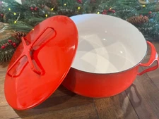 Vintage MCM Dansk 5 QT Red Enamel Kobenstyle Sauce Pot/ Chili With Trivet Lid