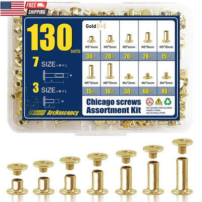 130 Sets Gold Chicago Screws Leather Rivets Kit, 7 Sizes (M5*4,5,6,8,10,12,15) &