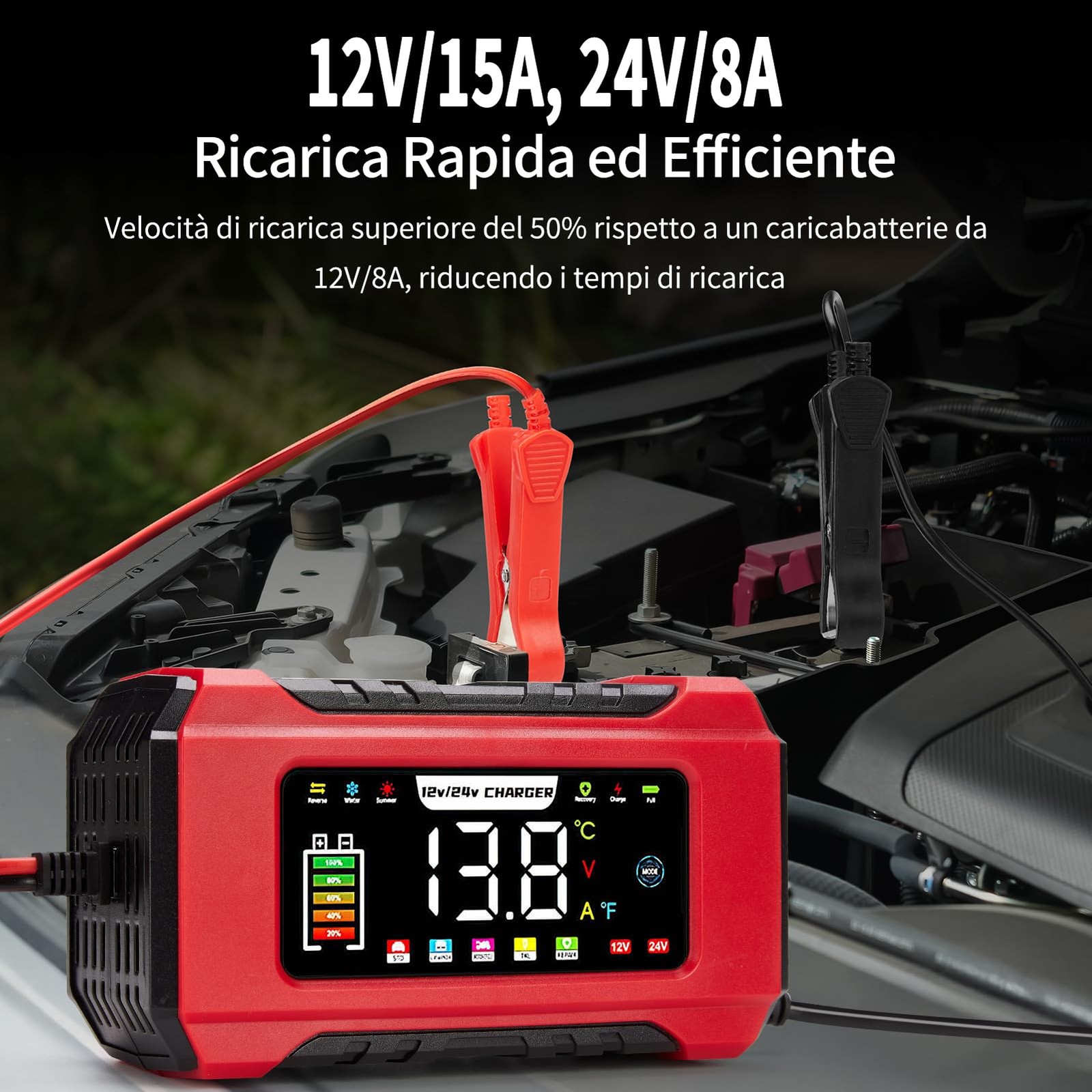 Hausprofi Caricabatterie Auto e Moto 15a/8a 12v/24v Mantenitore di Carica - Miniatura 10