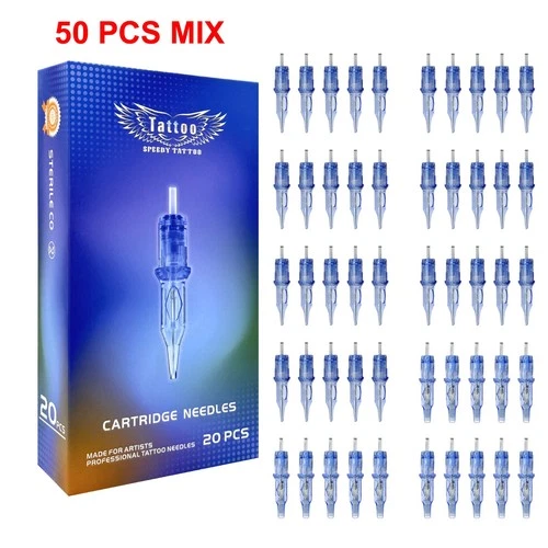 50pcs Tattoo Cartridge Needles Assorted Mixed Sizes 3,5,7,9RL, 5,7,9RS, 5,7,9M1 - product listing photo