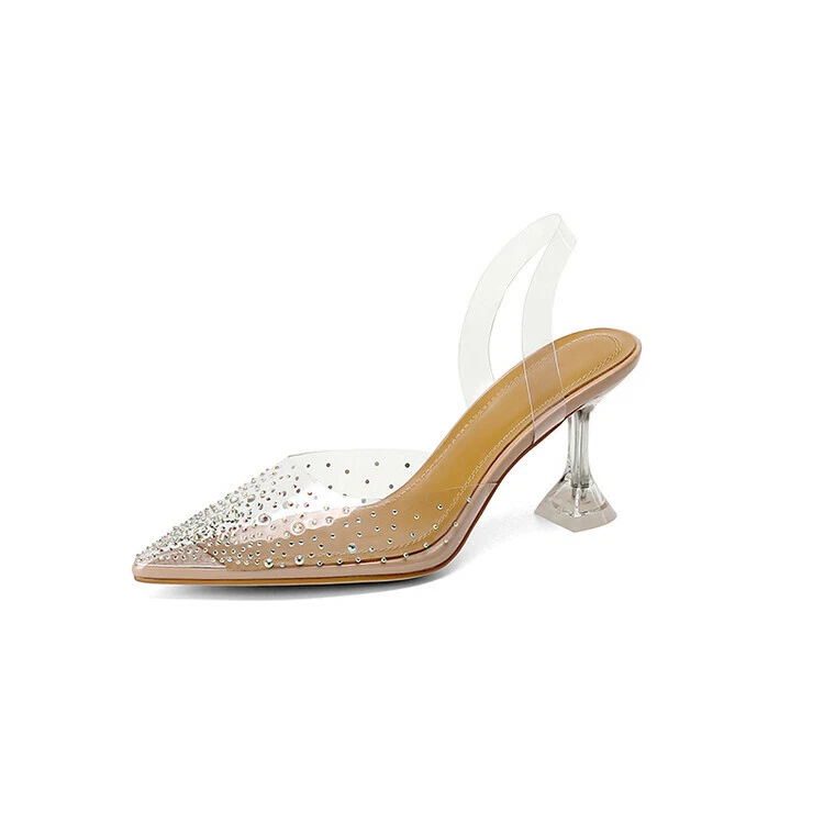 Women Clear Rhinestone Pointy Toe Strap Kitten Heel