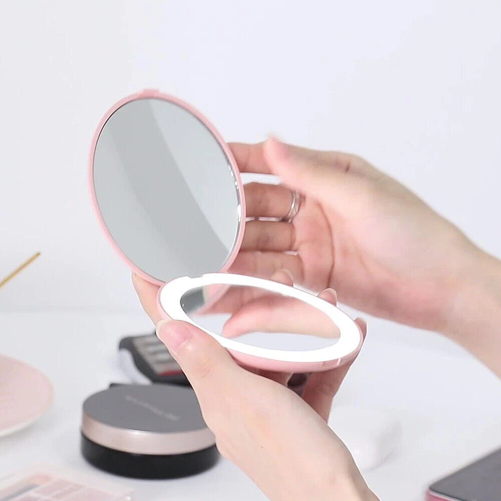 Double-Sided 10X Magnifying Mirror LED Lights Pocket Lighted Makeup Mirror  USB