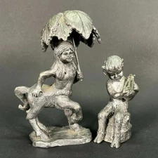 (2) Vtg Michael Ricker Pewter Figure 646 FAUN Goat Girl Boy Umbrella Signed