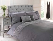 Limoges Ruffle Rose Ribon Embellished Duvet Quilt Cover Bedding Set Grey