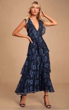 Lulus Molinetto Navy Blue Lace Ruffled Tiered Sleeveless Maxi Dress S NWT