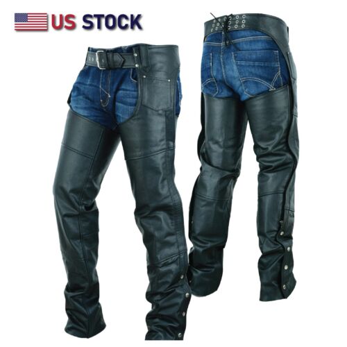 Highway Leather Lined Chaps Motorcycle Riding Bikers Chap Black SKU # HL12800SPT - Foto 1 di 9