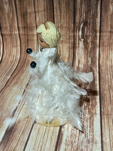 Vtg Feather Angel Xmas Decoration Topper Plastic Face Chenille Arms Glass Beads - Picture 3 of 6