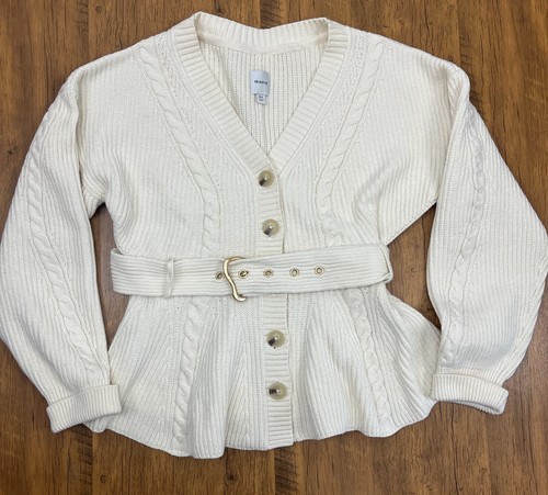 Maeve Size XLP Belted Cable Cardigan Sweater Current at Anthropologie Ivory
