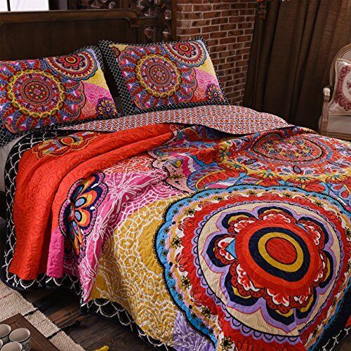 Quilt Set Size Boho 3-Piece Bedspread Coverlet Set Lightweight Queen Orange - Picture 3 of 7