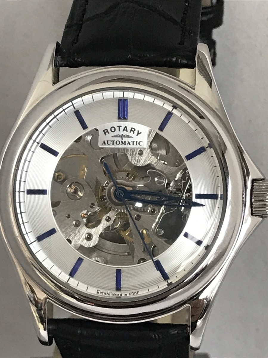 時計 ROTARY MILITARY EDITIONS Rotary Men's Automatic Skeleton Dial Black Leather Strap Watch