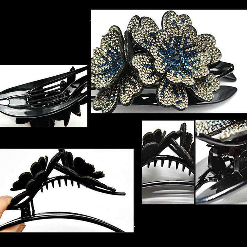 Estrás Doble Flor Garra de Pelo Flor Grande Clip de Pelo Correas Cangrejo Elegante Foto 3 de 4