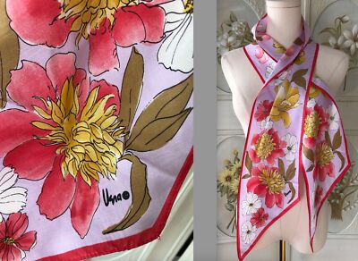 VTG VERA NEUMANN LILAC RED WHITE OCHRE FLOWER SCARF OBLONG RHOMBOID EUC 58''x9''