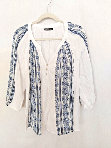 Sara Michelle Henley-Bluse mit V-Ausschnitt Raglan 3/4-Arm weiß/blau geblümt #16439